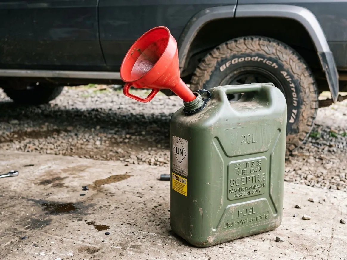 A scratched 20-litre jerrycan marked GASOLINE, a red funnel standing in its spout, on oil-stained concrete beside a mud-caked four-wheel drive.